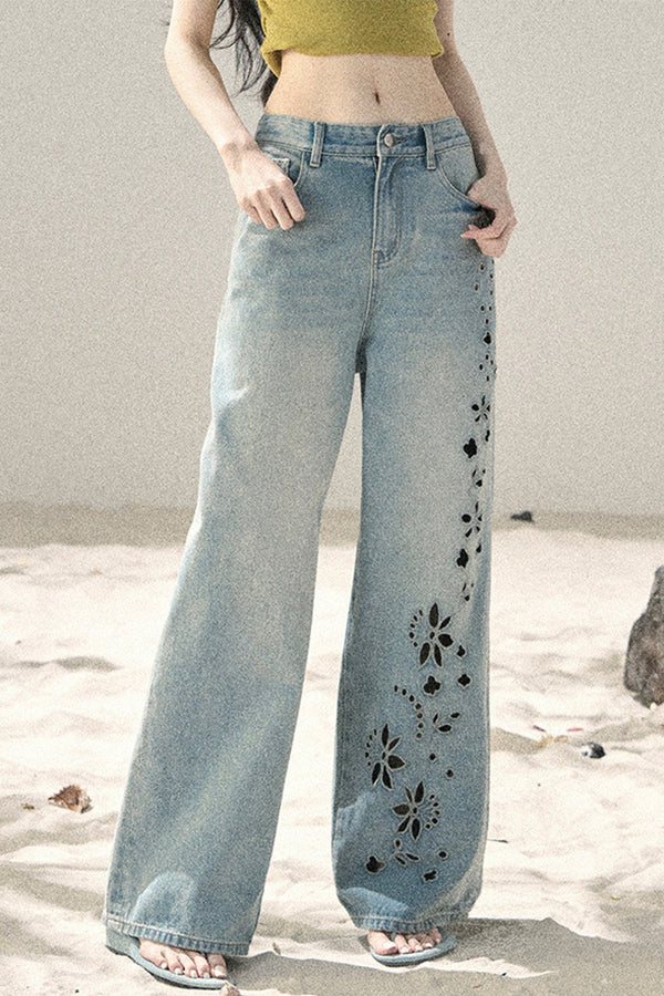 Sea Salt Butterfly Wide-Leg Jeans