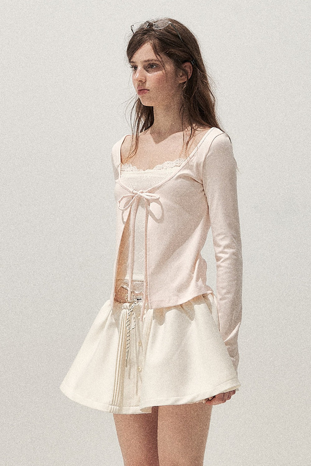 Lace Spliced Tie-Up Long Sleeve Top