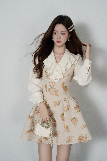 Floral Lantern Sleeve Ruffle Collar Dress