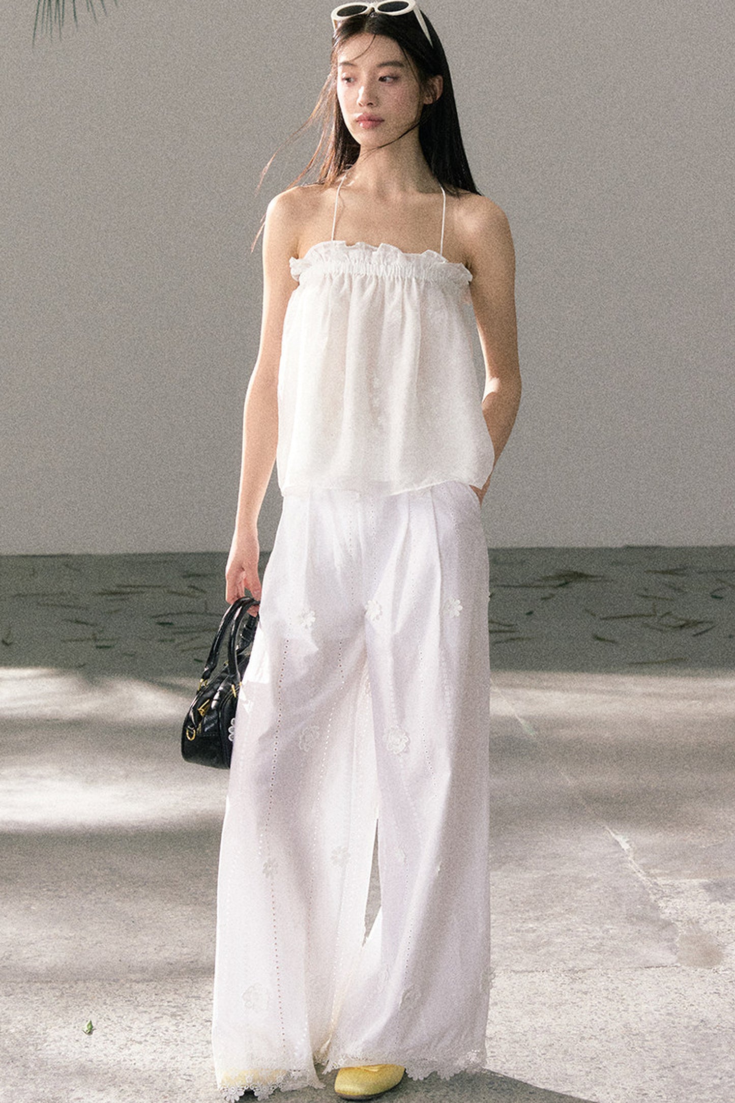 White Chiffon Lace Halter Top Set-Up
