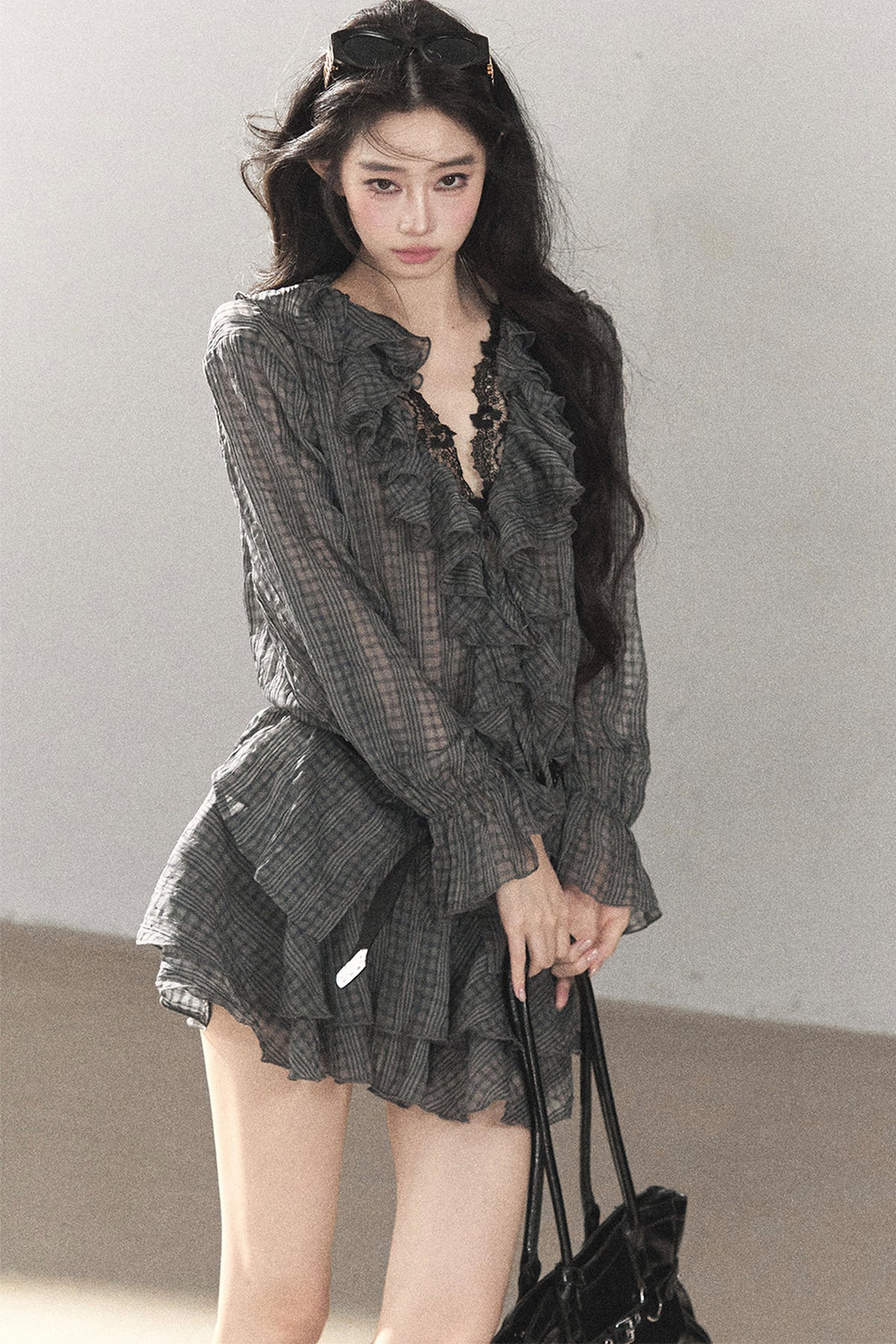 Set aus gerüschtem Chiffon-Top und kurzem Rock