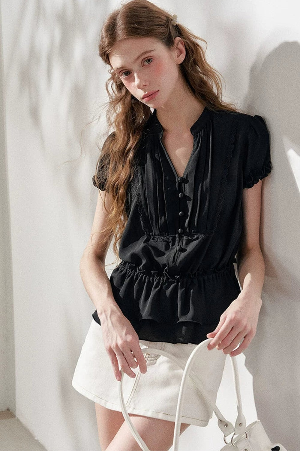 Black Chiffon Short-Sleeve Blouse