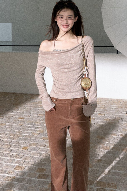 High-Waisted Corduroy Flared Belt Loops Pants