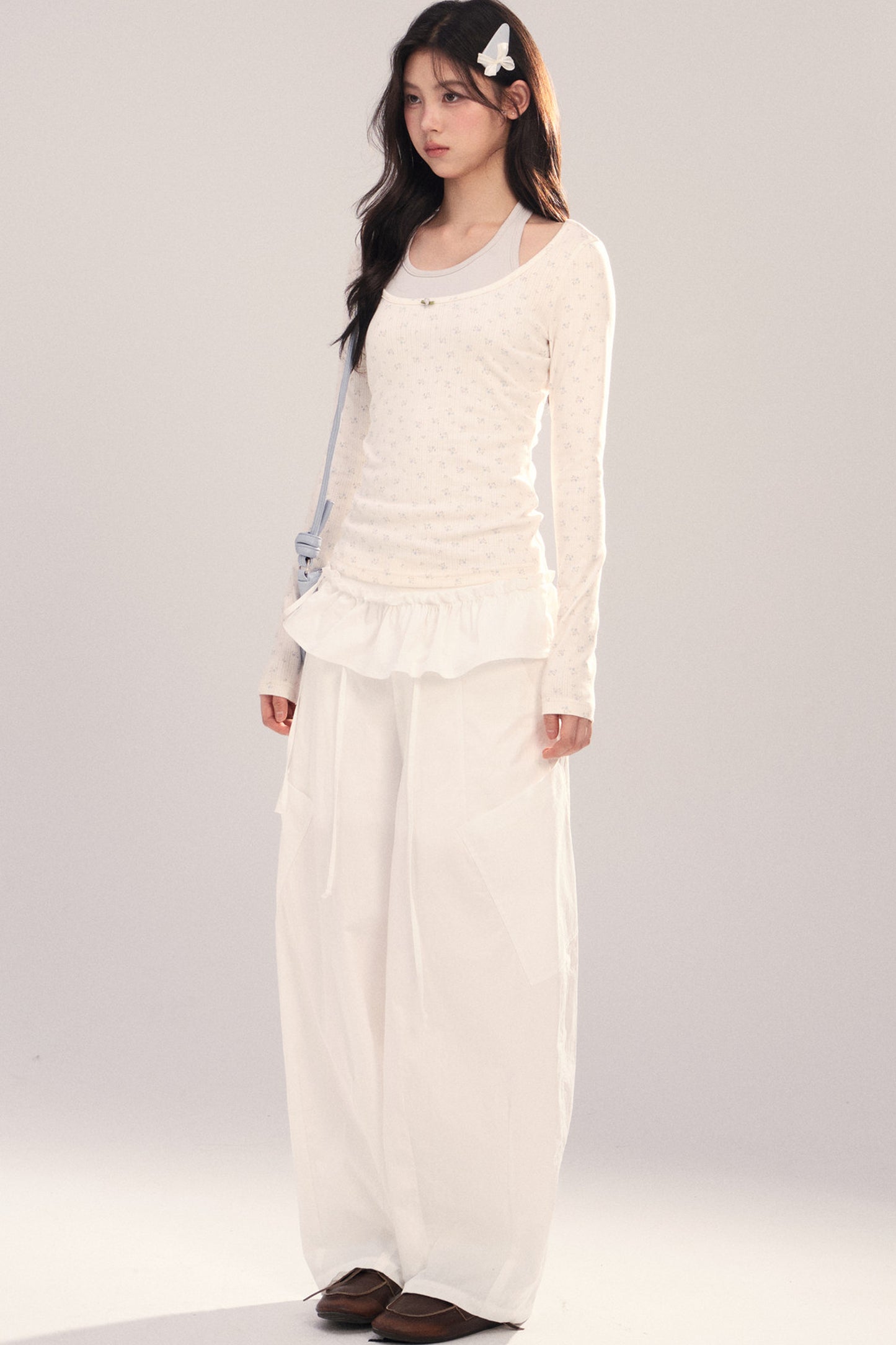 Large U-Neck Floral Long-Sleeve Base T-Shirt Set-Up