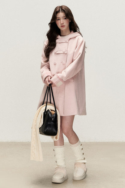 Cappotto doppiopetto con cappuccio a quadri rosa e color crema