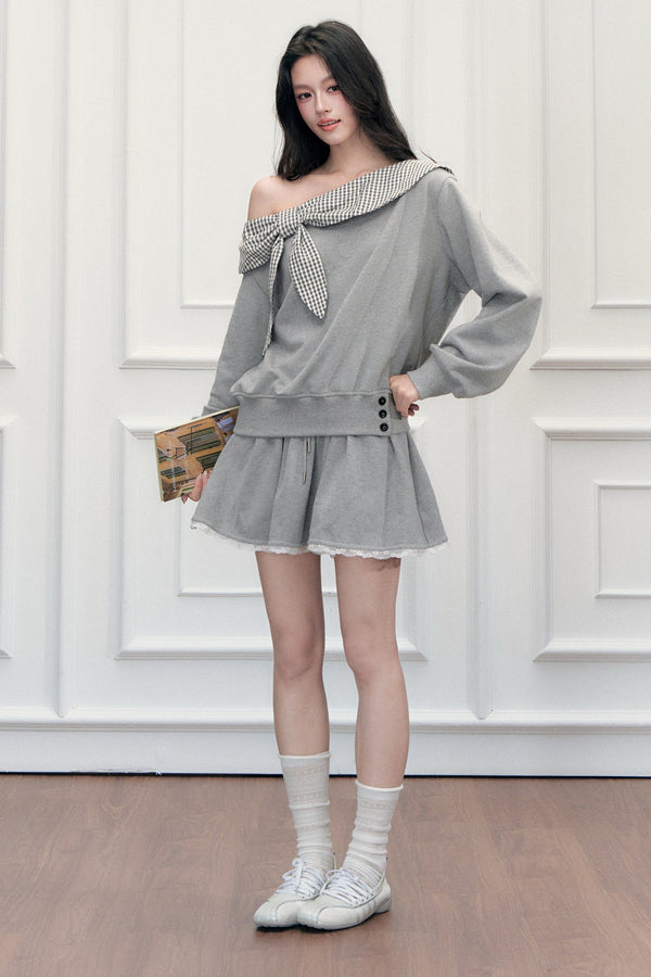 Plaid Patchwork Off-Shoulder Sweatshirt and Skirt Set-Up