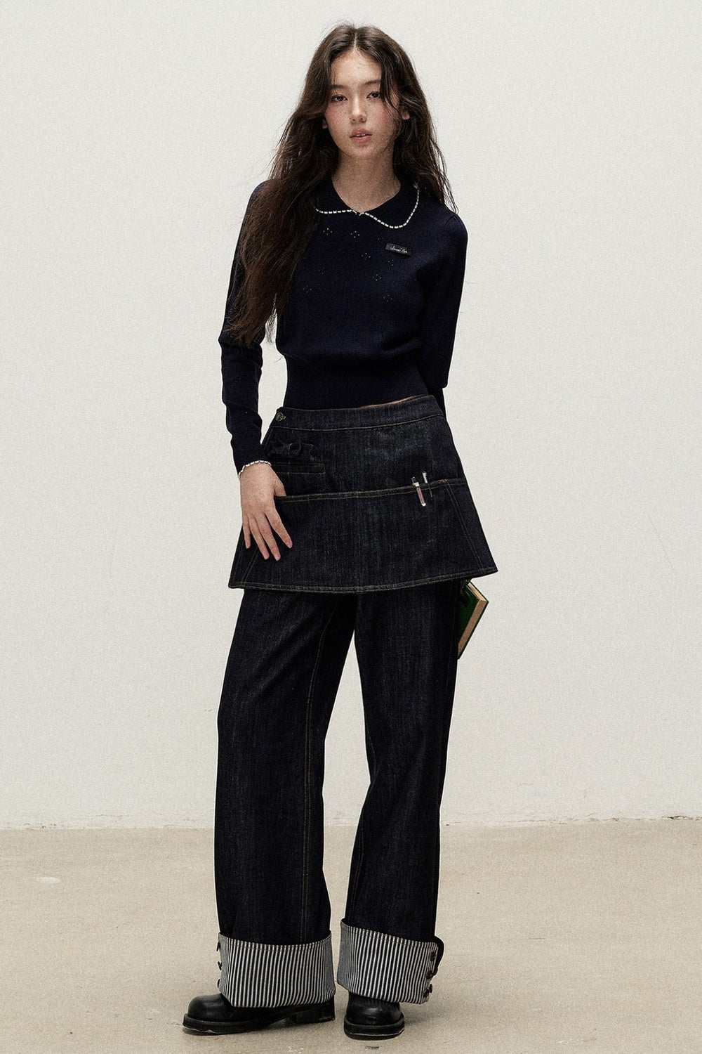 Two-Piece Detachable Apron Cuffed Jeans