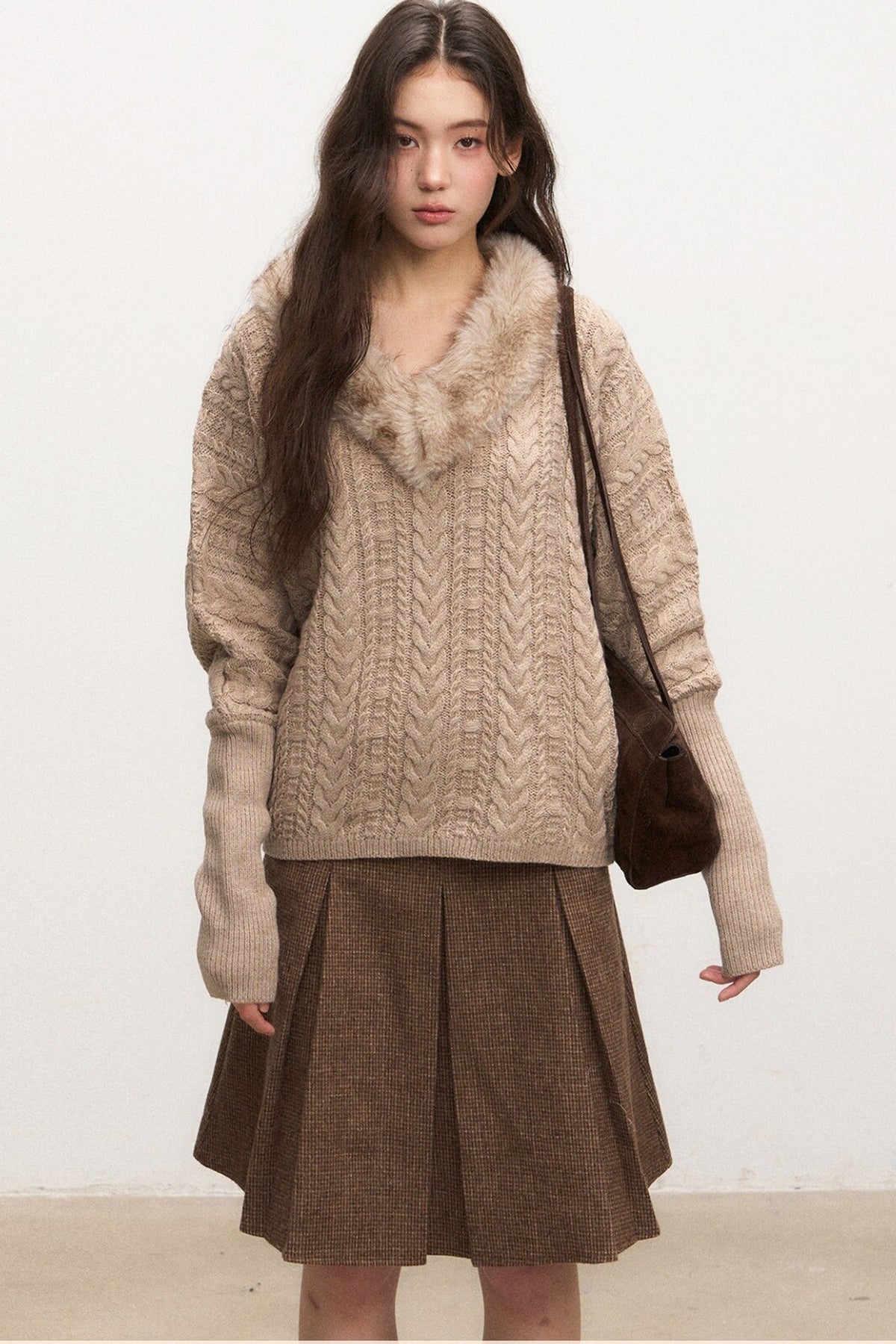 Fur Collar Knit Top and Skirt Set-Up