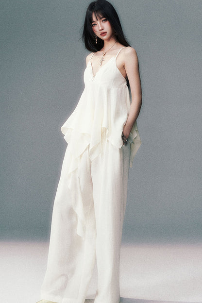Relaxed V-Neck Camisole And Wide-Leg Pants Set-Up