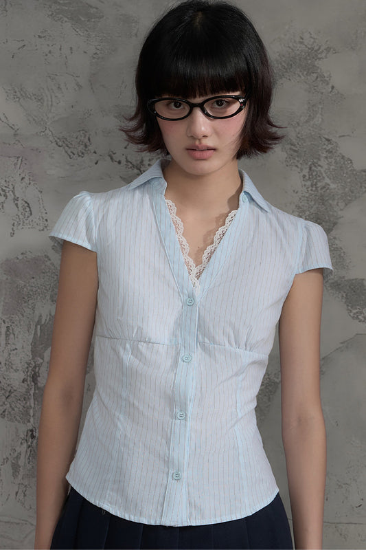 Lace Patchwork Striped Blouse