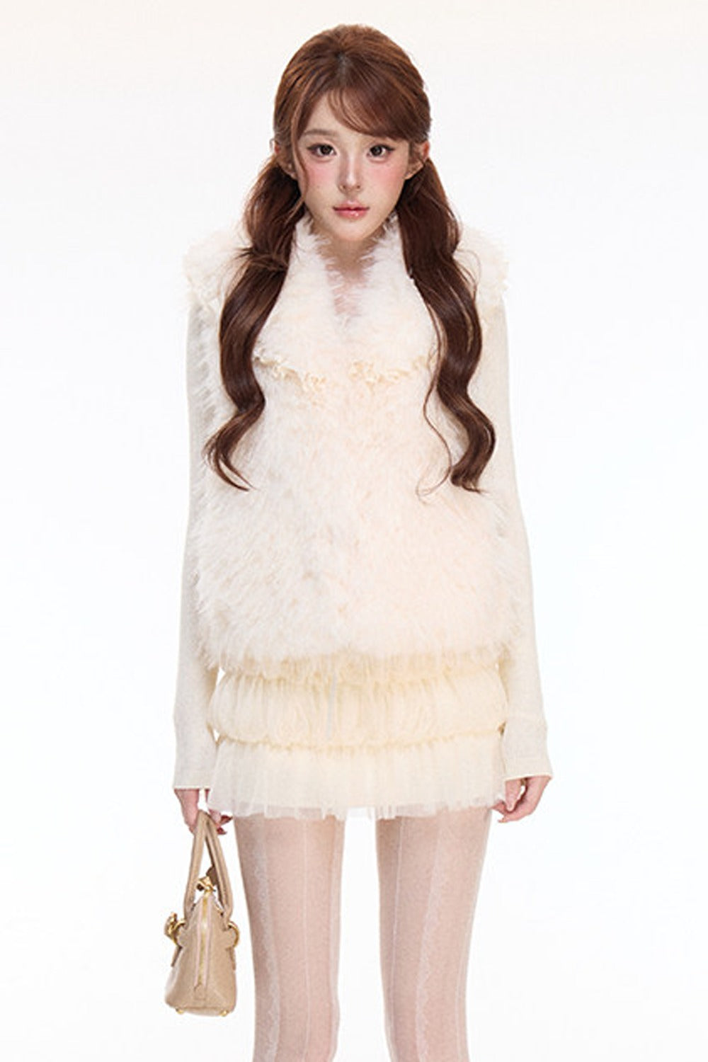 Woolen Mesh Ruffle Skirt and Furry Vest Set-Up