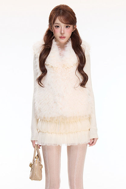 Woolen Mesh Ruffle Skirt and Furry Vest Set-Up