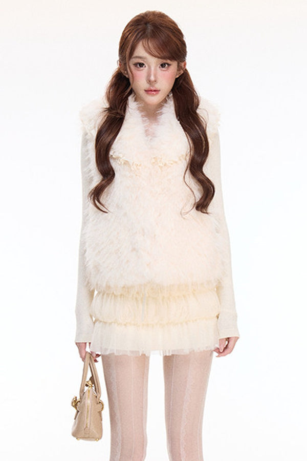 Woolen Mesh Ruffle Skirt and Furry Vest Set-Up