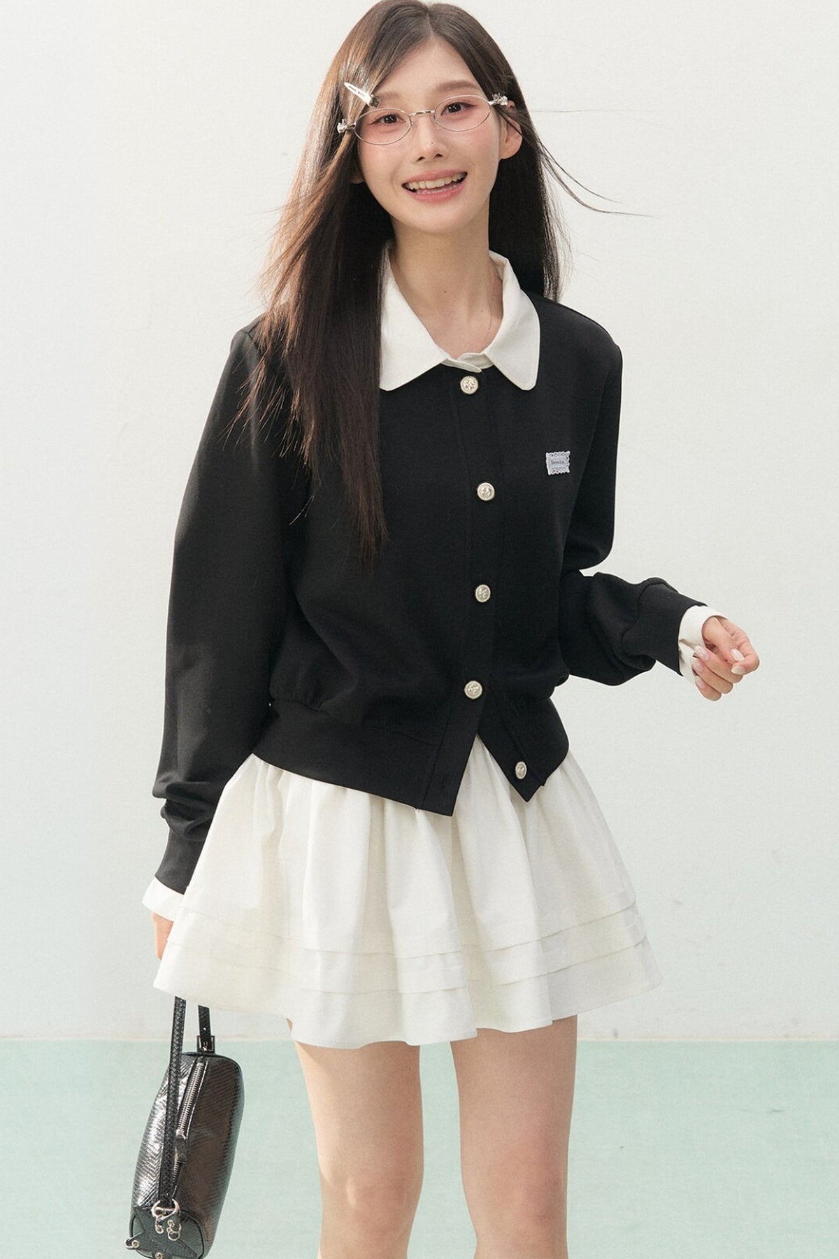 Collar Knit Cardigan and Pleated Skirt Set-Up