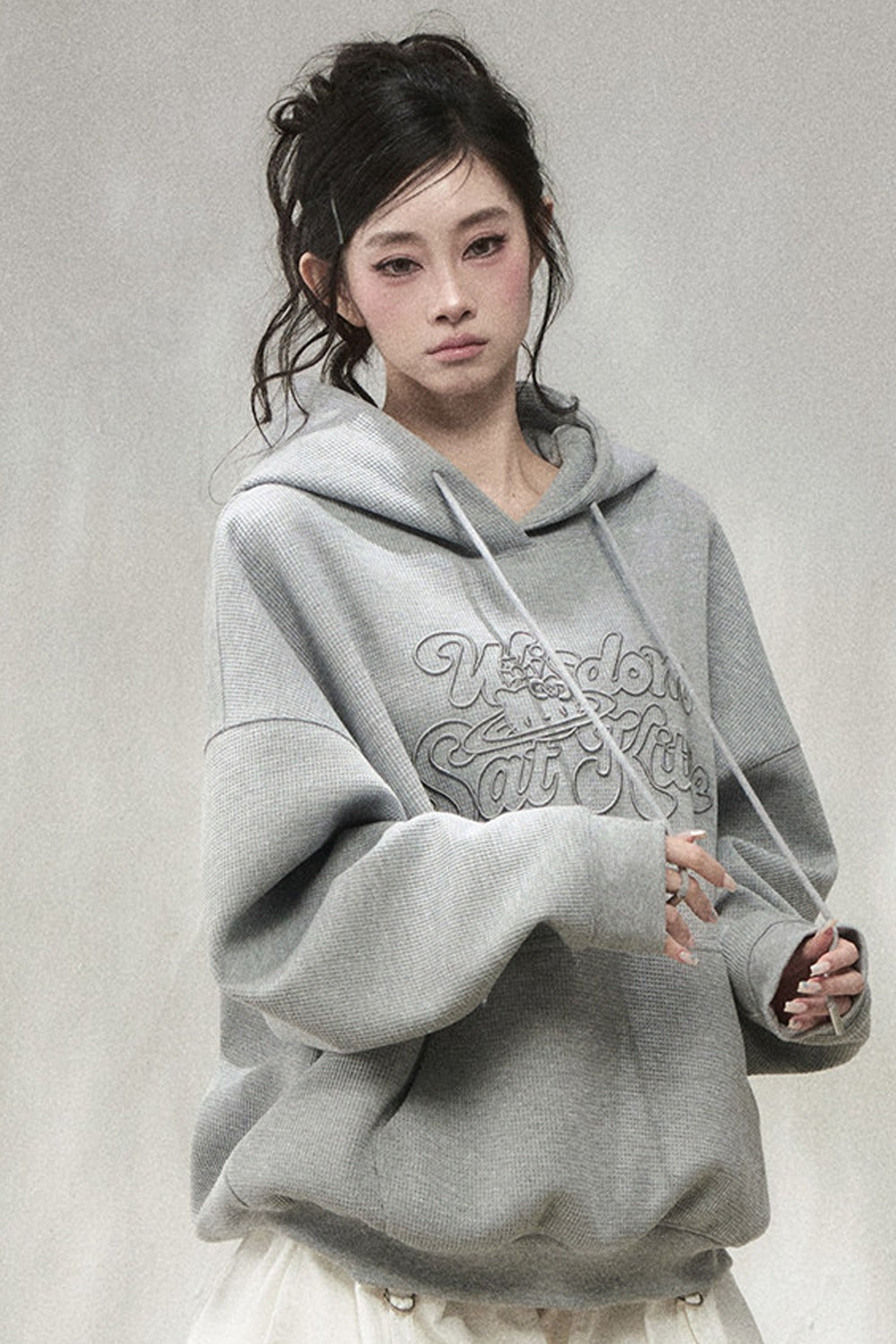 3D Embroidered Cat Waffle Hooded Sweatshirt