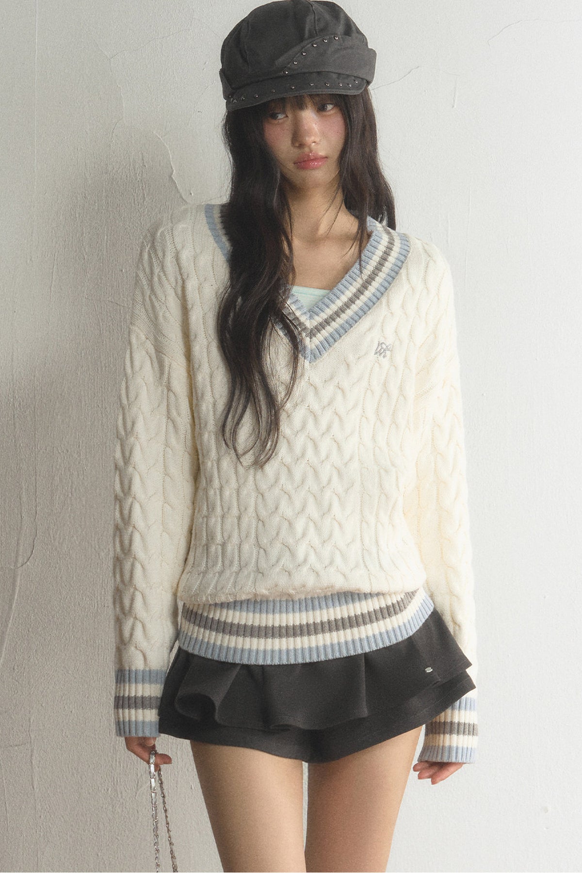 V-Neck Cable Knit Pullover Top and Pleated Skirt Set-Up