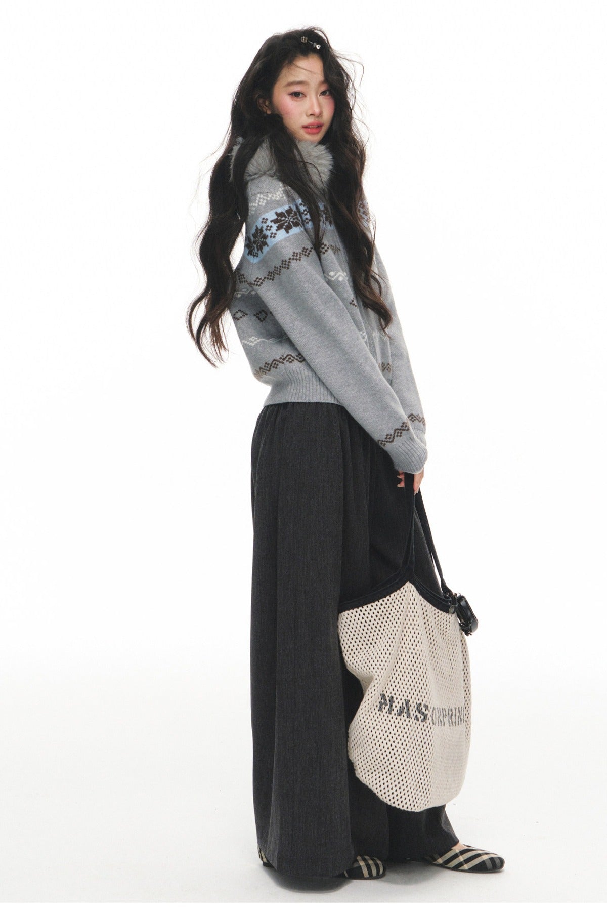 Fair Isle Jacquard Fur Collar Cardigan Set-Up