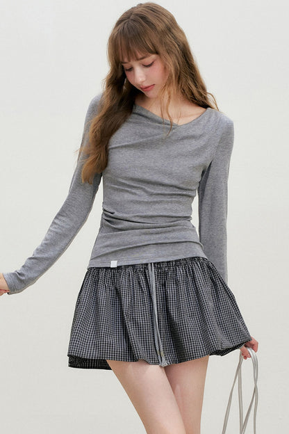 Lyocell Overlapping Pleated Long-Sleeve T-Shirt