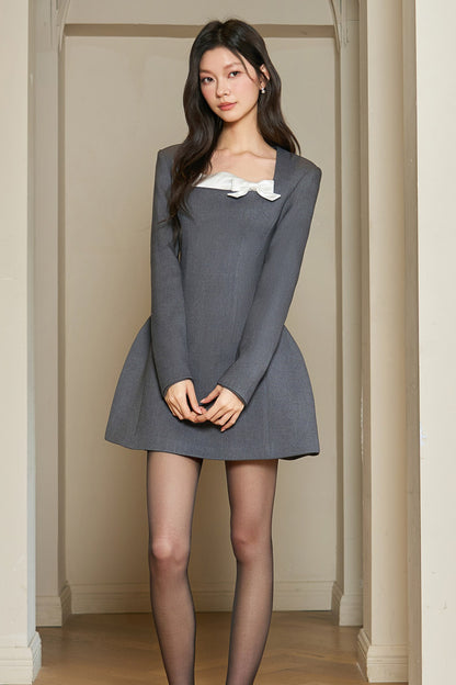 Gray Long Sleeve Square Neck Bow Bubble Dress