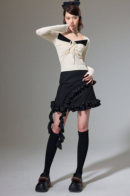 Square Neck Color-Block Knit Top and Skirt Set