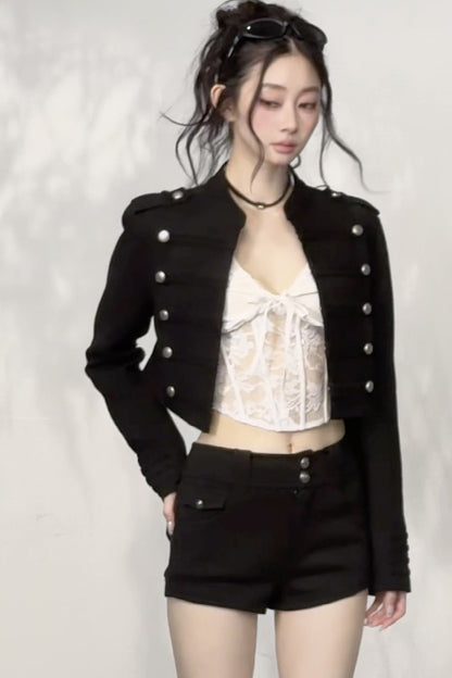Double-Breasted Metal Button Stand Collar Short Jacket