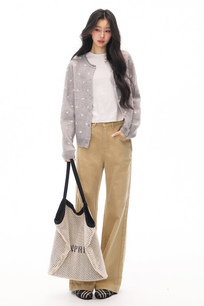 Gray Cardigan and Khaki Flared Jeans Set-Up
