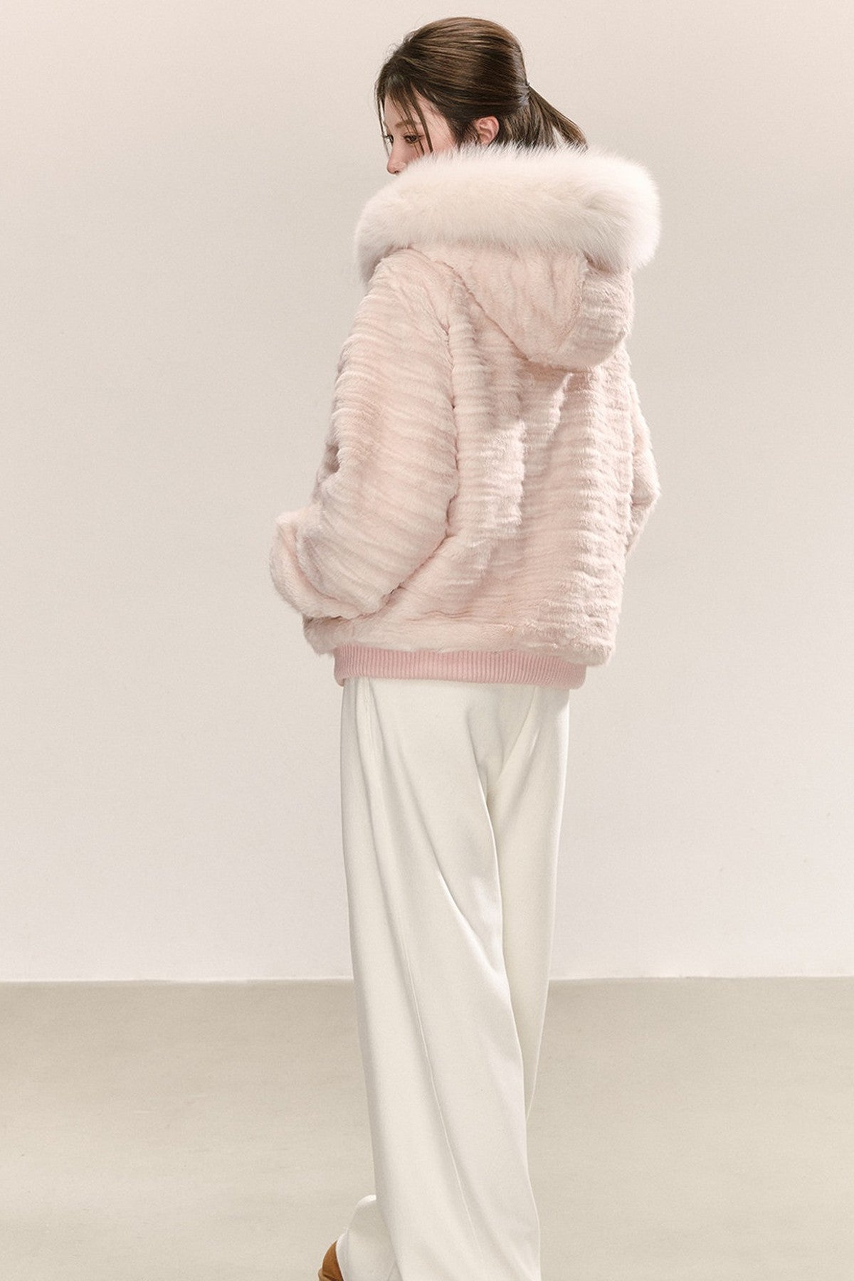 Pink Hooded Fur Collar Jacket