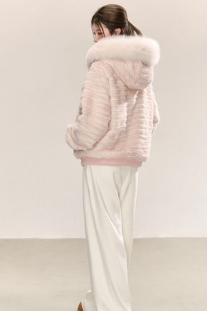Pink Hooded Fur Collar Jacket