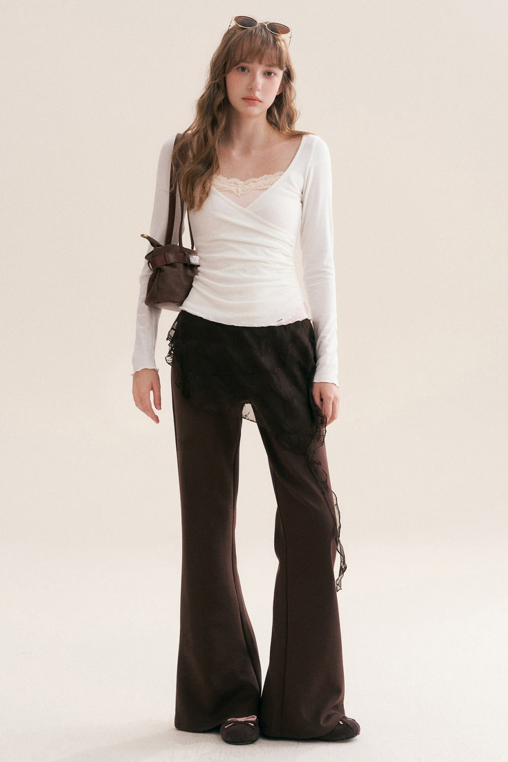 Layered-Look Lace Camisole Cross V-Neck T-Shirt