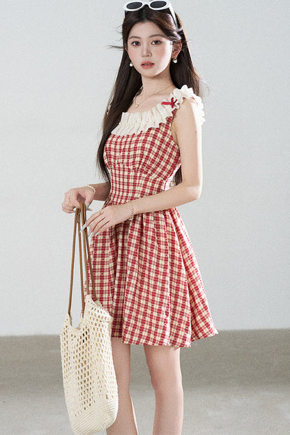 Red Plaid Sleeveless Ruffle Dress