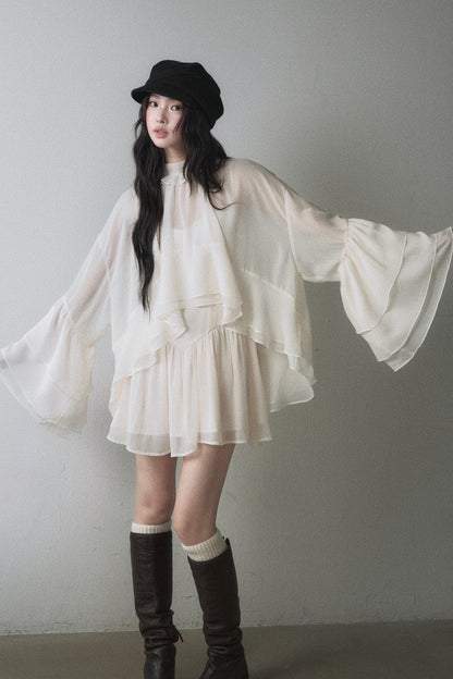 Ruffled Long-Sleeve Blouse and Suspender Dress Set-Up