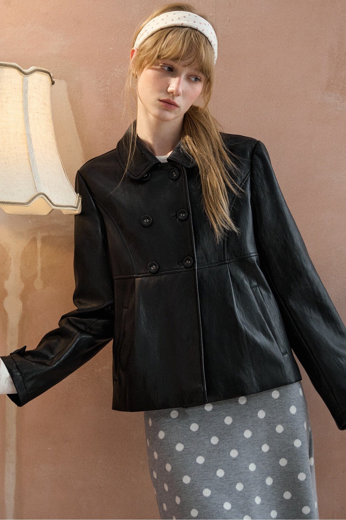 Collar Pleated Leather Jacket