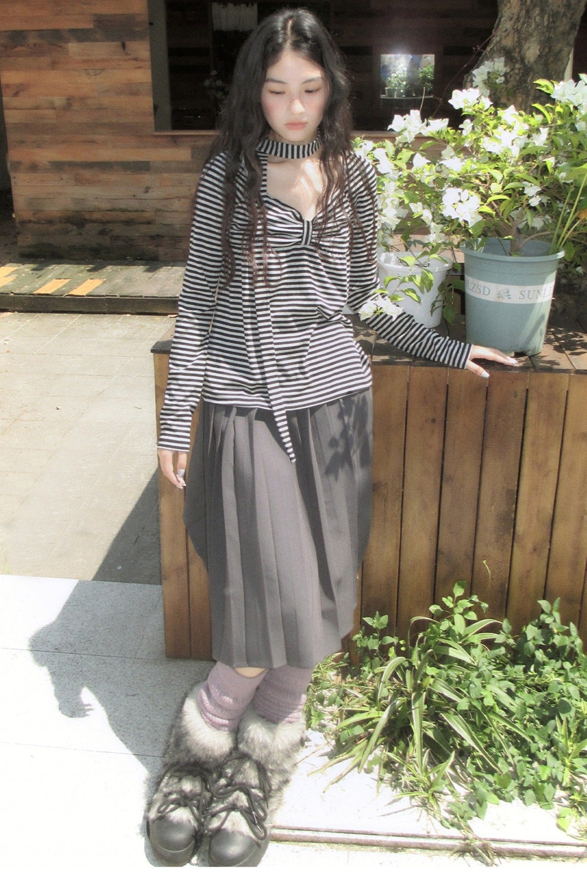 Striped Long-Sleeved Ribbon Bow T-shirt