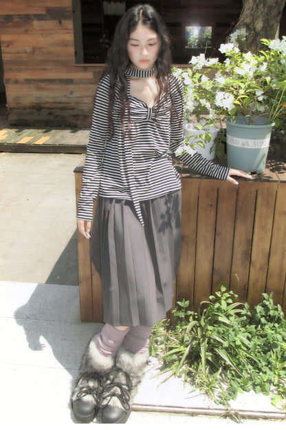 Striped Long-Sleeved Ribbon Bow T-shirt