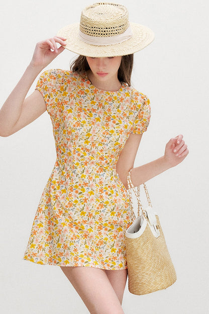 Warm Floral Puff Sleeve Dress