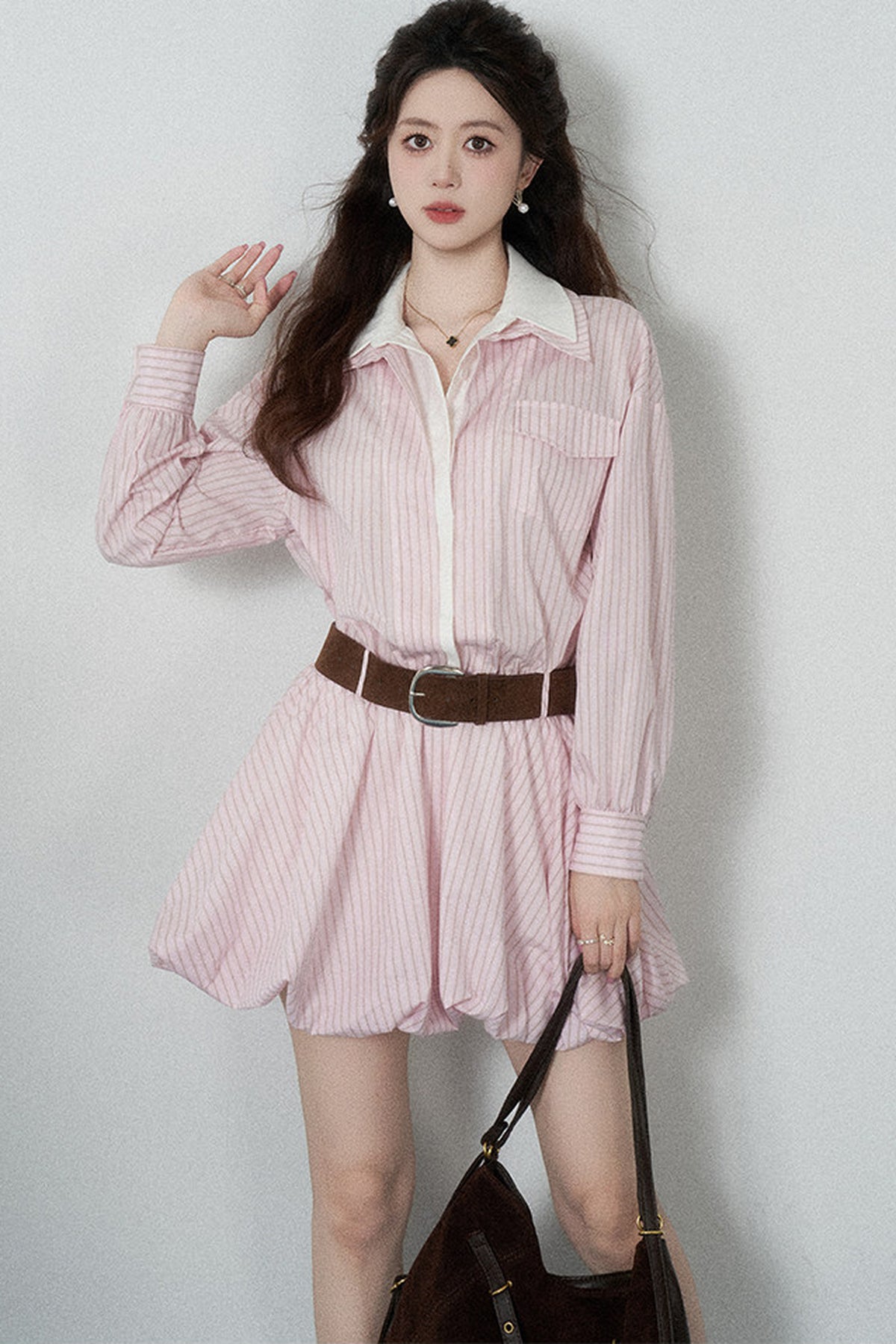 Pink Striped Bubble Shirt Dress