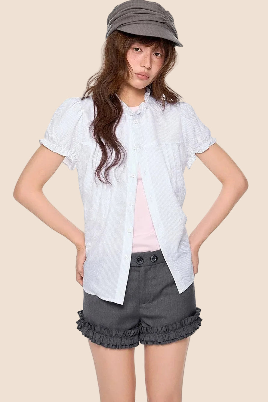 Pleated Lace Collar Short Sleeve Shirt