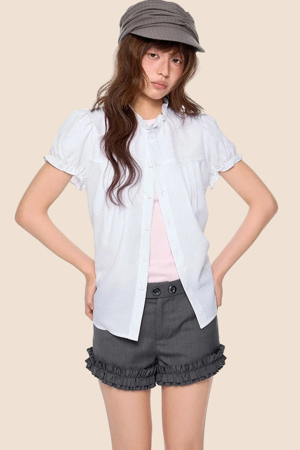 Pleated Lace Collar Short Sleeve Shirt
