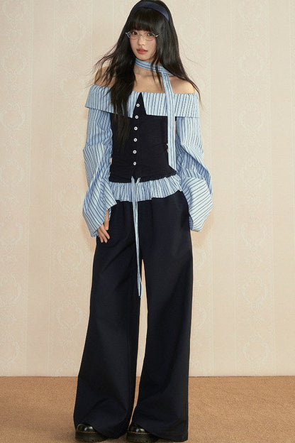 Ensemble haut tube rayé à épaules dénudées et manches longues avec pantalon à jambes larges