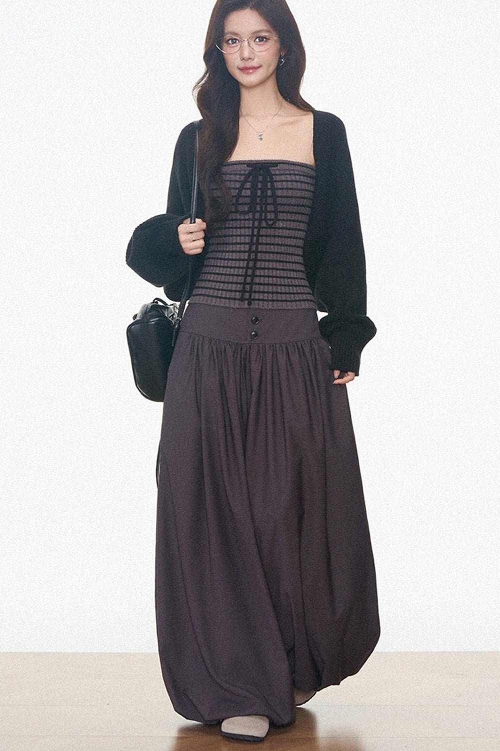 Knitted Cardigan and Tube Top and Lantern Pants Set-Up
