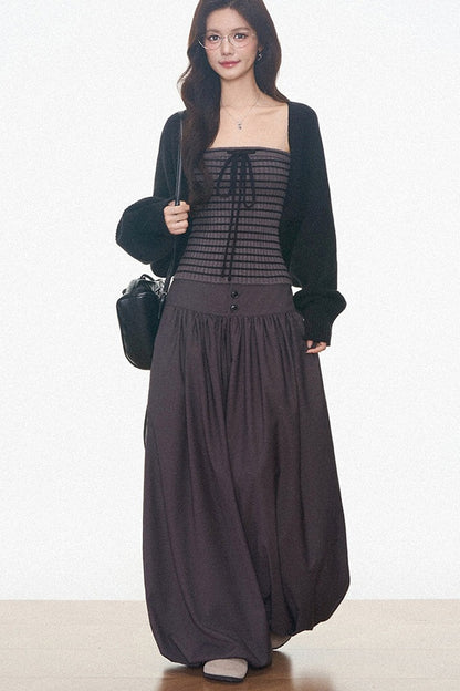 Knitted Cardigan and Tube Top and Lantern Pants Set-Up