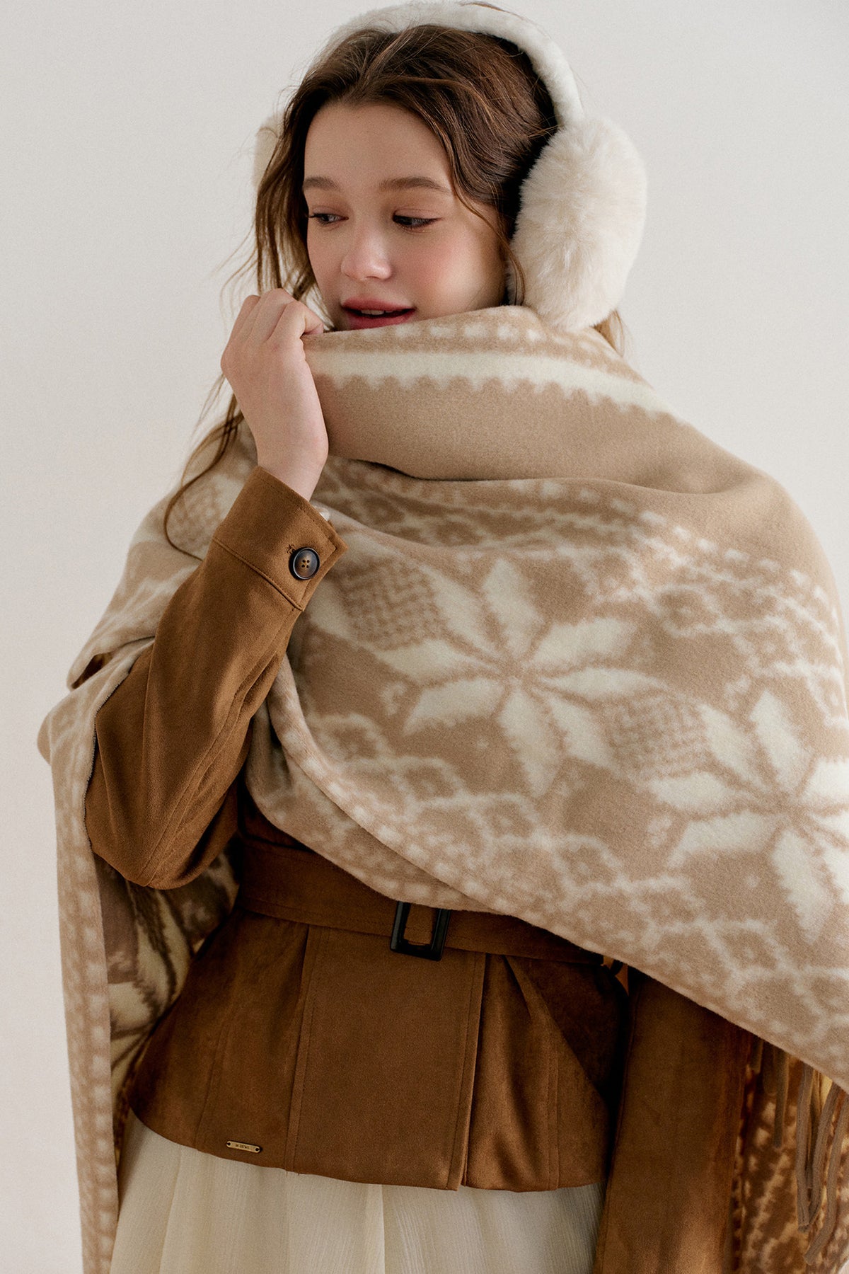 Khaki Fair Isle Jacquard Long Tassel Cape
