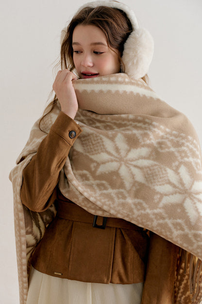 Khaki Fair Isle Jacquard Long Tassel Cape