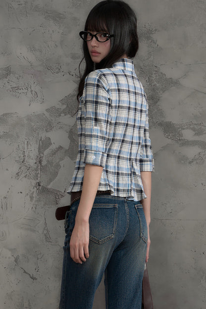 Retro Plaid Short Sleeve Shirt and Pants Set-Up