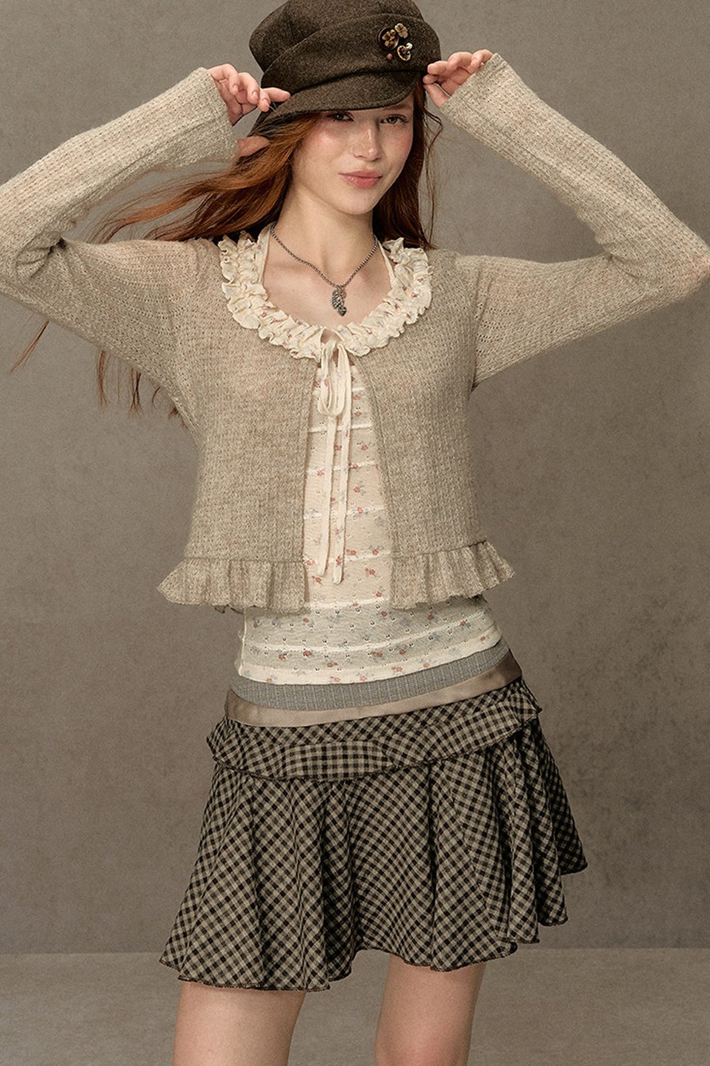 Ruffled Knit Cardigan With Camisole