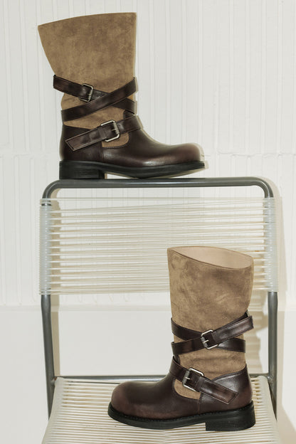 Patchwork Pleated Mid-Calf Riding Boots