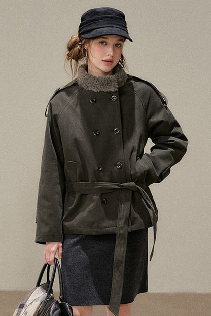 Gray Green Fur Collar Quilted Jacket