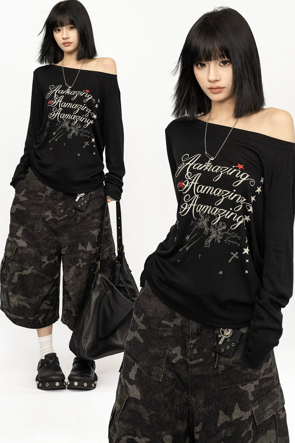 Black Off-Shoulder Letter Print Long Sleeve Tee