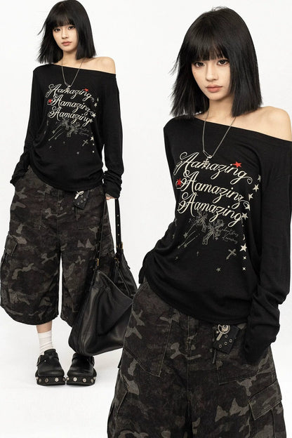 Black Off-Shoulder Letter Print Long Sleeve Tee
