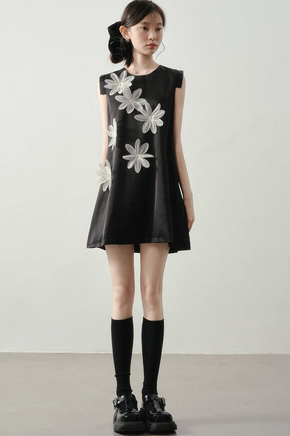 3D Floral Appliqué Satin Sleeveless Dress